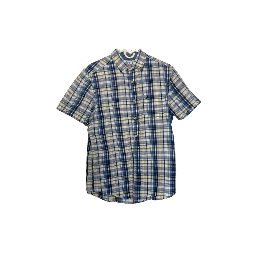 Nautica Short Sleeve Button Up Shirt Mens Medium Striped Pattern Blue & Yellow
